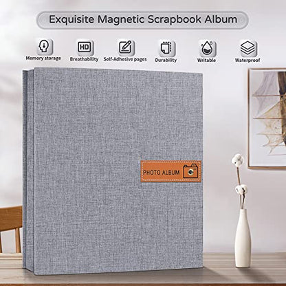 Popotop Large Photo Album Self Adhesive 4x6 5x7 8x10 Scrapbook Album DIY Picture Book,Gifts for Mom,Family Baby and Wedding,with Metal Pen and Plastic Board - color: Grey, size: 11.5"x10.6"60pages