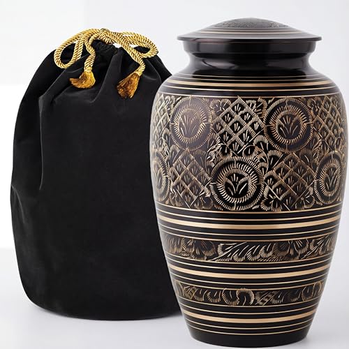 AspenStudio Deep Black and Gold Platinum Brass Cremation Urn for Adult Human Ashes - Large Handcrafted Funeral Memorial Urns Brass Urn Capable to 225 Cubic inches
