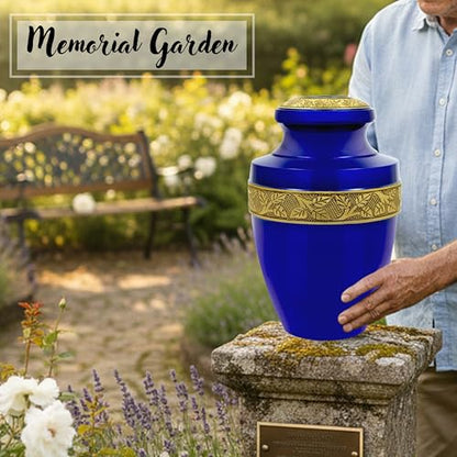 Cremation Urn for Human Ashes, Persian Blue & Gold - color: Persian Blue Gold, size: Hand-Etched Leaf - 7x11"