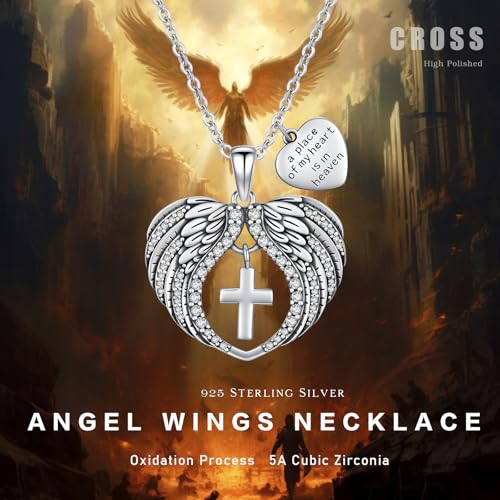 TUGHRA Memorial Necklace for Women Men, Angel Wings Heart Pendant 925 Sterling Silver A Piece of My Heart Is In Heaven Charm Necklace Sympathy Gift - style: 03-Cross Angel Wings