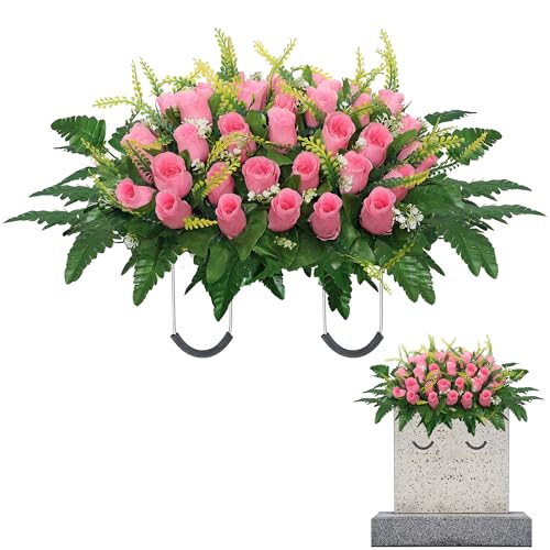 Cemetery Headstone Flower Saddle,Cemetery Tombstone Flower Saddle,Outdoor Grave Saddle Headstone Decorations,Cemetery Memorial Flowers for Outdoor Gravesite Tombstone Decorations (Pink) - color: Pink