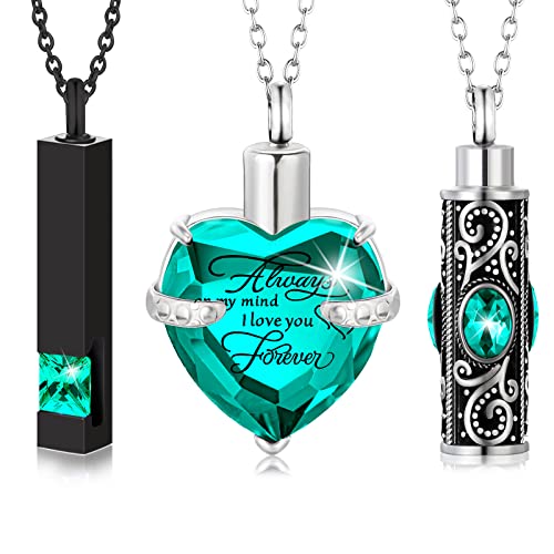 MTLEE 3 Pieces Cremation Urn Necklace for Ashes Vertical Bar Zircon, Heart Crystal Necklace Urn Stainless Steel Waterproof Memorial Pendant - color: Light Blue Zircon