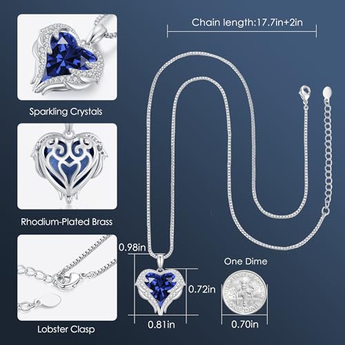 CDE Angel Wings Heart Birthstone Pendant Necklace Gift for Women | Silver/Gold Tone,Ideal Birthday & Anniversary Jewelry Gift for Wife,Girlfriend,Her - color: White-09-Spahhire Blue Birthstone