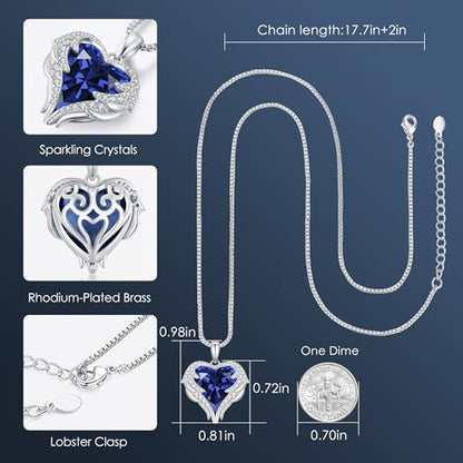 CDE Angel Wings Heart Birthstone Pendant Necklace Gift for Women | Silver/Gold Tone,Ideal Birthday & Anniversary Jewelry Gift for Wife,Girlfriend,Her - color: White-09-Spahhire Blue Birthstone