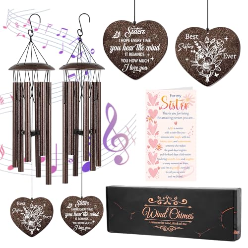 Sister Gifts from Sister - Wind Chimes for Outside with Greeting Card & Box, 25.5" Memorial Wind Chime for Garden Patio Decor, Sympathy Birthday Gifts for Women Sister in Law - color: Sister Wind Chimes