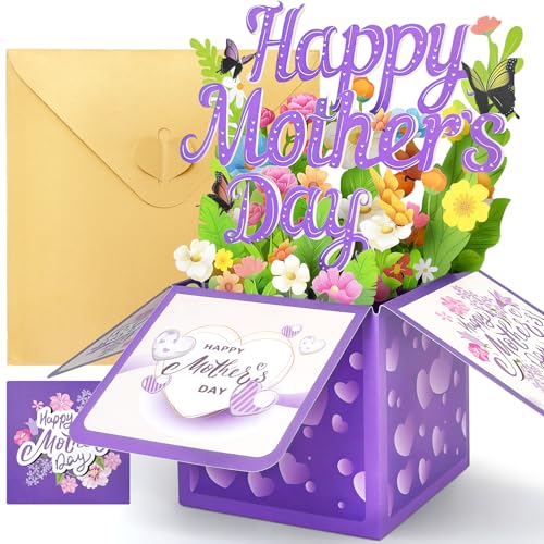 Happy Mothers Day Card, Pop Up Mothers Day Cards for Mom Wife Grandma, Unique Flowers & Butterfly Design Mothers Day Gifts with Heart-Shaped Closure Envelope & Blank Notecard - color: Happy Mothers Day