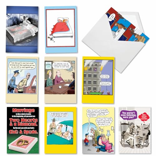 NobleWorks - 10 Anniversary Cards Assortment - Boxed Cartoon Humor, Celebration and Congrats Assorted Notecards - Comical Couples AC3681ANG-B1x10 - style: Comical Couples