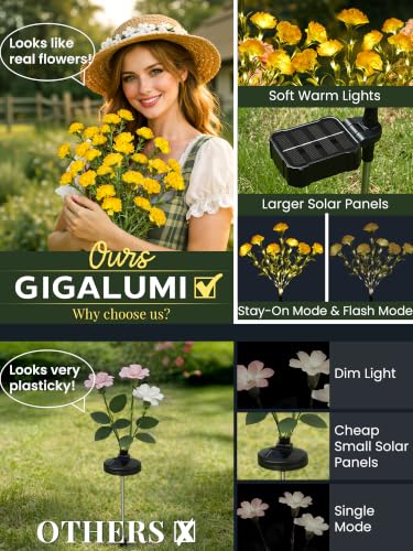 GIGALUMI 4 Pack Solar 28 Carnations Flowers Outdoor, 2 Modes, Yellow - color: Yellow, size: 4 PACK