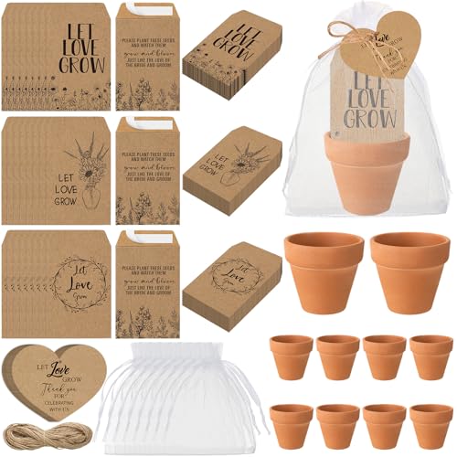 Reallnaive 24 Sets Wedding Favor Flower Seeds Let Love Grow Seed Packets for Guests Family Reunion Wildflower Mini Terracotta Pots Seed Packets Self Adhesive Envelopes Thank You Tags Organza Bags - style: Love