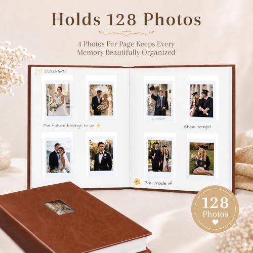 Ruibytree 128 Pockets Instant Mini Photo Album for 2x3 Pictures, Brown | Writing Space, Premium Vegan Leather, Flat-Fit Clear Pocket, Wedding Guest Book for Polaroid 2x3 Photos, Graduation Keepsakes - color: 128 Pocket Brown
