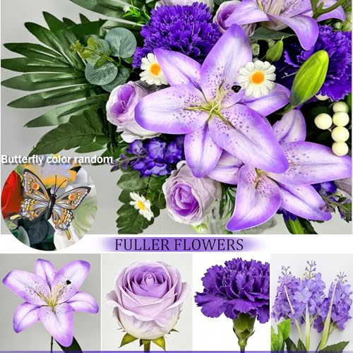 Artificial Cemetery Flowers – Vibrant Rose Carnation, Outdoor Grave Decorations - 1 Purple Gravesite Bouquet with Vase