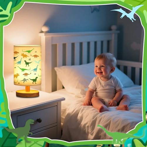 WSYEAR Dinosaur Kids Table Lamp for Bedroom Kids Bedside Lamp with Linen Wooden Nightstand Cartoon Nursery Lampshade for Girls Boys Living Room - color: Dinosaur