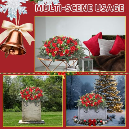 Christmas Artificial Cemetery Flowers,Artificial Cemetery Flowers Saddle for Outdoor Gravesite Tombstone Decorations,Roses and Artificial Red Berries Stems Ornaments