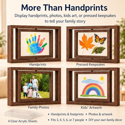 Family Handprint Frame Kit, Dual Rotating Photo & Handprint Display, DIY Keepsake Craft with Wooden Frame, Non-Toxic Paints, Baby Hand & Footprint Kit, Gift for Grandparents & New Parents (Brown) - color: Brown Frame, size: Dual Spin - Handprint & photo