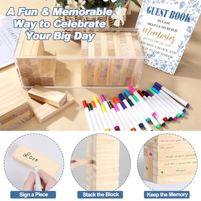 Beeveer 80 Pcs Wedding Guest Book Alternative Wooden Block Guest Book for Wedding Sign in Bridal Shower Decoration 54 Pcs Wooden Block Bridal Shower Game for Sign in, Reception(Chinoiserie) - style: Chinoiserie