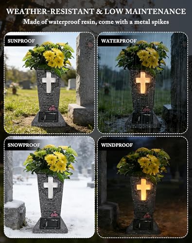2 Pack Solar Cemetery Vase with LED Cross Lamp Flower Holder - color: Warm Light Cross 2pcs