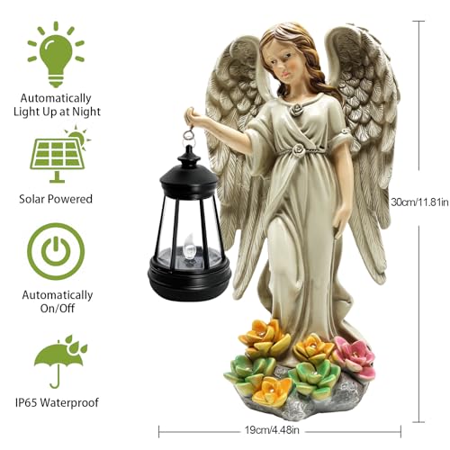 Solar Garden Statue Angel Figurine,11.8in Fairy Angel Solar Lights Outdoor | 7 LED Lights, Solar Outdoor Sculptures for Outside Balcony Patio Yard Ornament, Gifts for Women Mom, Cemetery Grave Decor - style: 1 Pack - Angel with Lantern