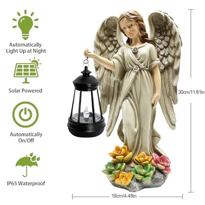 Solar Garden Statue Angel Figurine,11.8in Fairy Angel Solar Lights Outdoor | 7 LED Lights, Solar Outdoor Sculptures for Outside Balcony Patio Yard Ornament, Gifts for Women Mom, Cemetery Grave Decor - style: 1 Pack - Angel with Lantern