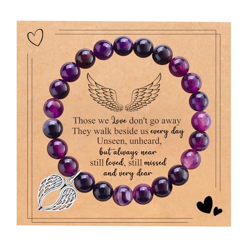 Sympathy Gifts for Loss of Loved one Memorial Healing Remembrance Condolence Grief Present for Women Pink Beads Bracelet With Angel Wings - style: Amethyst-Wings-Those we love don't go away