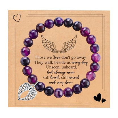 Sympathy Gifts for Loss of Loved one Memorial Healing Remembrance Condolence Grief Present for Women Pink Beads Bracelet With Angel Wings - style: Amethyst-Wings-Those we love don't go away