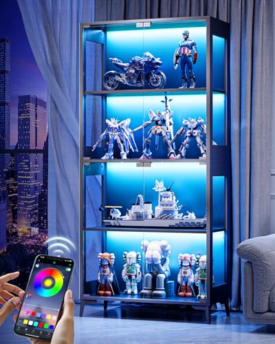 Glass Display Cabinet with Doors, 4-Tier Display Case with Adjustable Shelves, RGB LED Lights with App & Remote Control, Curio Storage Cabinet with Metal Base for Collectibles, Books, Black