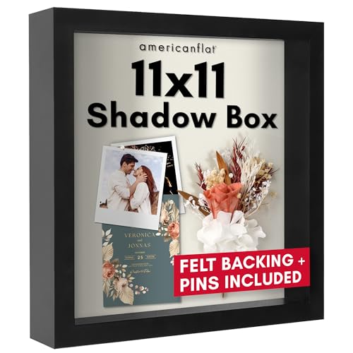 Americanflat 11x11 Shadow Box Frame with Shatter-Resistant Glass - Silhouette Collection - Large Shadow Box Display Case for Tabletop and Wall Display - Black with Soft Felt Back | Shatter-resistant glass, 1.5 inch interior depth, displays keepsakes, meda