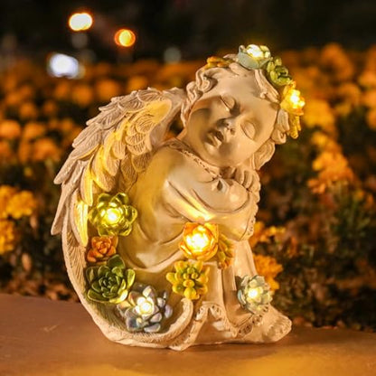 Garden Angels Outdoor Statue, Solar Cherub Baby Angel with Succulent | 8'' Resin Sleeping Angel Statue with Warm Glow, Angel Figurines Gardening Gifts for Mother Grandma Yard Patio Lawn Decoration - style: Sleeping Cherub