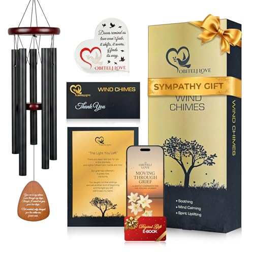 36" Memorial Wind Chimes for Outside, Double Sided Engraving Pendant, Deep Tone 6 Aluminum Tubes & Pine Wood, Sympathy Gift for Loss, Includes Acrylic Heart Plaque & a Letter from Heaven - color: Black Teardrop Design
