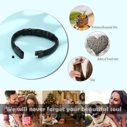 Cremation Jewelry Urn Bracelet for Ashes Men's Braided Genuine Leather Stainless Steel Memorial Cuff Bangle Braided Wristband Bracelet Keepsake Jewelry for Loved Ones with Fill Tool - color: A-Black 22cm