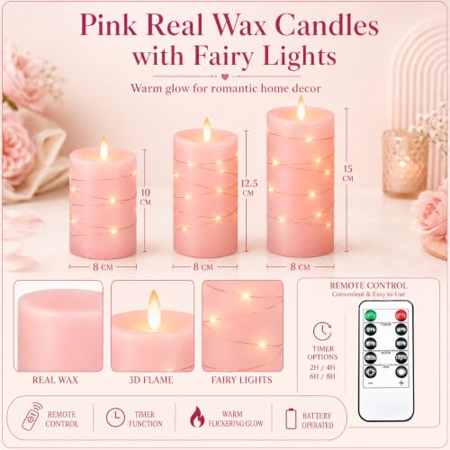 Upinmz Pink Real Wax Flameless Candles, 3-Pack, Remote Timer, String Lights - size: Pink-Wax-3 Pack