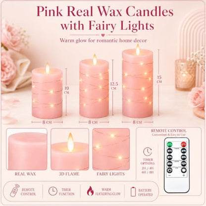 Upinmz Pink Real Wax Flameless Candles, 3-Pack, Remote Timer, String Lights - size: Pink-Wax-3 Pack