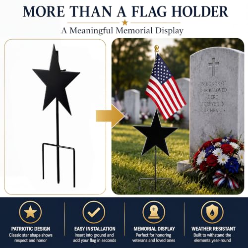 16 Inch Star American Veteran Grave Marker, American Flag Holder | Memorial Stake for Veterans Military, Outdoor Graveside Display, Honoring Loved Ones at Burial Sites, Durable Metal - style: Star