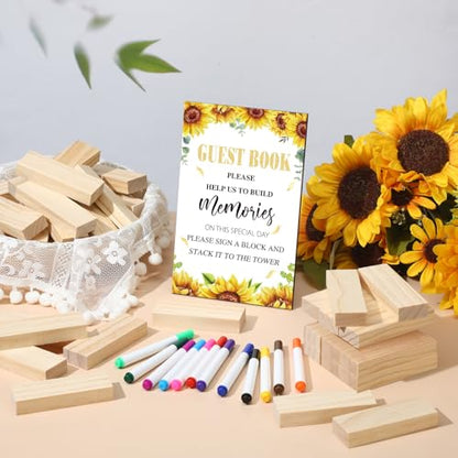 Beeveer 80 Pcs Wedding Guest Book Alternative Wooden Block Guest Book for Wedding Sign in Bridal Shower Decoration 54 Pcs Wooden Block Bridal Shower Game for Sign in, Reception(Sunflowers) - style: Sunflowers