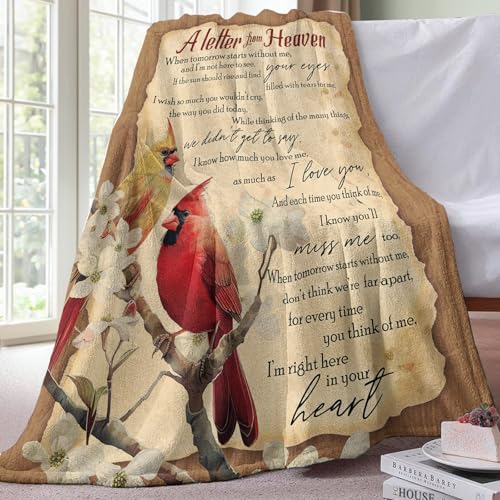 Memorial Cardinal Flannel Throw Blanket, Memory Lost Loved Ones | Friends Family Members Sympathy Gifts, A Letter from Heaven Red Birds Dogwood Flower Soft Bedding Sofa Blankets 50'' x 60'' - color: Bird Letter