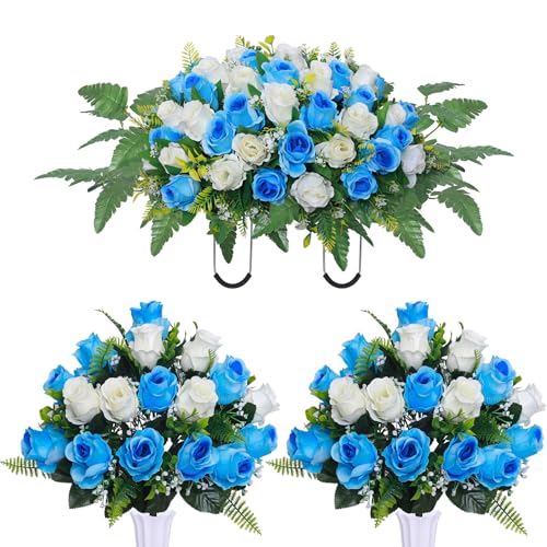Artificial Cemetery Flower Saddles, Cemetery Memorial Flowers with Vase,Outdoor Grave Saddle Headstone Decorations, Artificial Rose Bouquet Grave Memorial Flowers (Blue White) - color: Blue White