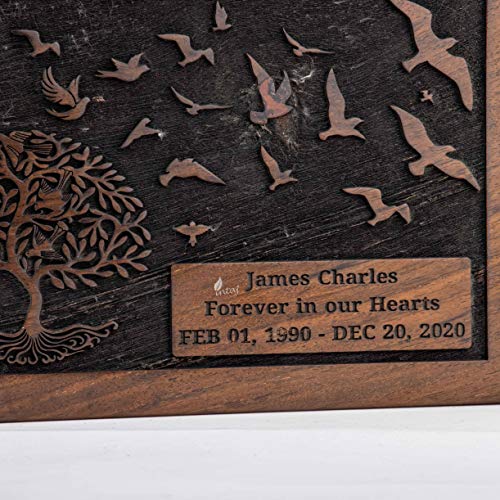 Personalized Urn for Human Ashes, Engraved Tree and Birds, Large | Hand-carved solid sheesham rosewood, screw-locked sliding base, engraving available, holds up to 180 lb - color: Engraved Tree With Birds, size: Large (180 lb)