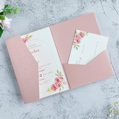 20 PCS Blush Pink Tri-fold Laser Cut Wedding Invitation Pockets for 5x7 Wedding Cards Bridal Shower Engagement Quinceanera Invitation - color: Blush Pink