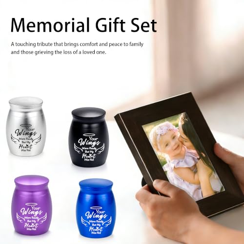 Set of 4 Small Keepsake Urns for Ashes, Angel Wings Design, Mix | Aluminum construction, Secure screw lid, Individual velvet bags, Sharing keepsakes, Travel friendly, Human or pet remembrance - color: Multicolor