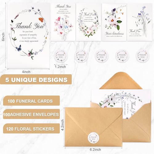 C2U Funeral Thank You Cards with Envelopes(100 Pack 4"x6"),Stickers & Message Inside - Wildflower Bereavement Sympathy Thank You Cards for Funeral Family Friends Loved Ones - color: 100 Flower cards