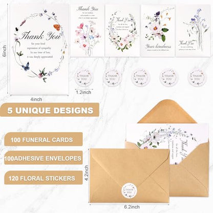 C2U Funeral Thank You Cards with Envelopes(100 Pack 4"x6"),Stickers & Message Inside - Wildflower Bereavement Sympathy Thank You Cards for Funeral Family Friends Loved Ones - color: 100 Flower cards