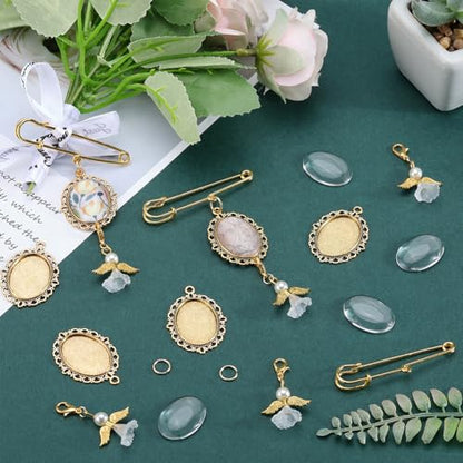SUNNYCLUE 1 Box 10 Sets Gold Wedding Bouquet Photo Charms Memorial Picture Charm Personalized Glass Oval Picture Cabochons Brooch Pin Angel Wing Charms Kits for Wedding Bride Groom Party Gifts Flowers
