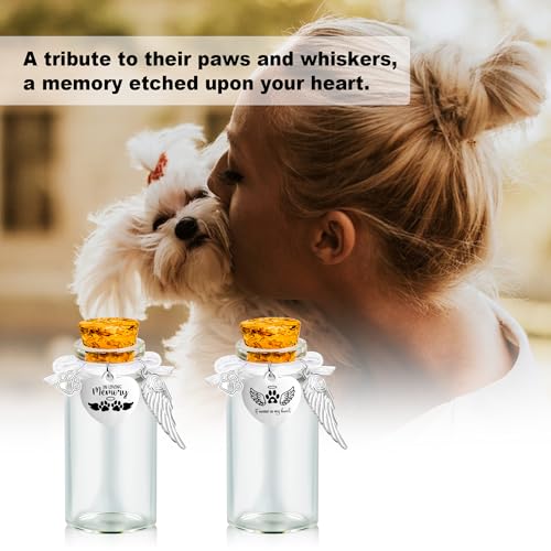 Gredstar Pet Memorial Glass Jar, Round Pet Fur Keepsake Bottle | 2 Glass Bottles Included, Round Glass Design, Cork Stopper, Paw Print Detail, Fur Hair Ashes Storage, Memorial Display