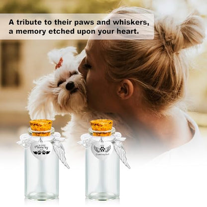 Gredstar Pet Memorial Glass Jar, Round Pet Fur Keepsake Bottle | 2 Glass Bottles Included, Round Glass Design, Cork Stopper, Paw Print Detail, Fur Hair Ashes Storage, Memorial Display