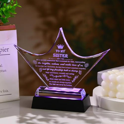 Sisters Gifts from Sister - Crown Crystal Engraved Keepsake with Led Base - Big Bestie Present for Girls Soul Gifts for Women - Best Unique Birthday Sister Gifts On Christamas Mothers Valentines - style: Sister-crown+led light