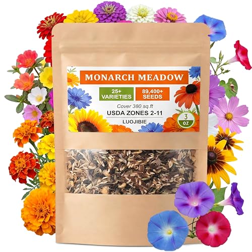 Wildflower Seeds Mix 3 Oz, Over 89,400 Seeds, 30 Varieties, Non-GMO Milkweed Seeds for Monarch Butterflies, Annual & Perennial Wildflowers Mix, Bulk Flower Seeds for Pollinator Gardens