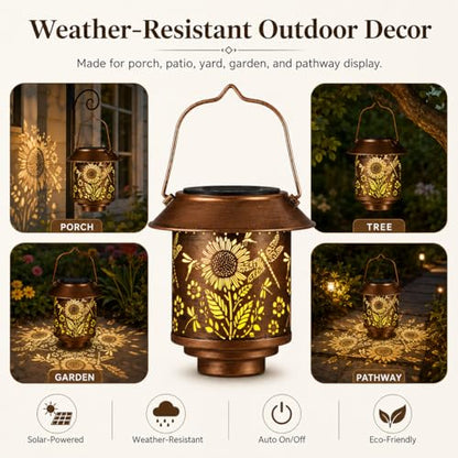 2 Pack Solar Lantern Outdoor Hanging, Gifts for Women Mom（Sunflower） - color: b-Dragonfly-2PC
