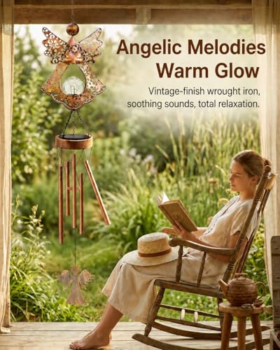 41" Large Angel Solar Wind Chimes for Outside, Metal Garden Decor | Warm Solar Glow & Soft Chimes for Garden Patio - Memorial, Sympathy or Birthday Gift for Mom & Grandma