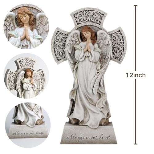 Memorial Angel Statue with Cross, 12 Inch Remembrance Angel for Loved One, Graveside or Home Sympathy Decor, Handwriting-Friendly Base