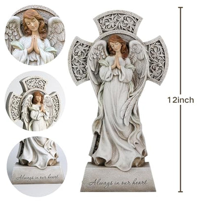Memorial Angel Statue with Cross, 12 Inch Remembrance Angel for Loved One, Graveside or Home Sympathy Decor, Handwriting-Friendly Base