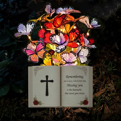 Solar Bible Cross Memorial Stake - Metal Silhouette Religious Grave Decoration for Cemetery - Flat Christian Cross Stake with Butterfly Lights - Cemetery Flower Decor for Grave, Sympathy Gift - style: Bible Cross with Flowers